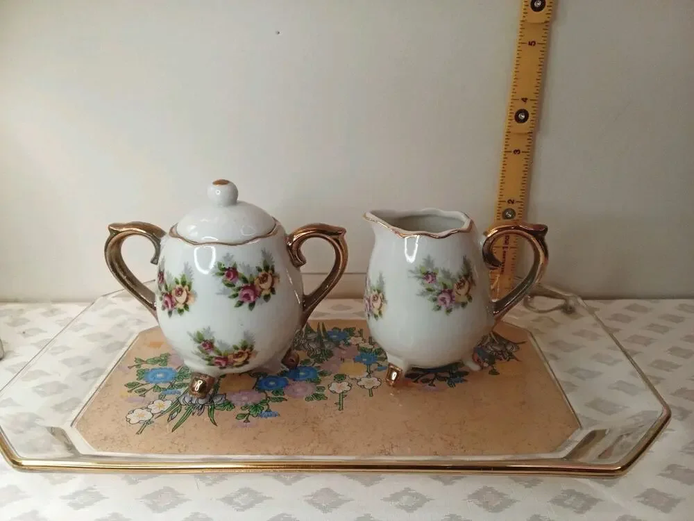 Vintage Enesco Floral Small Sugar Bowl and Creamer Set Tray Not For Sale
